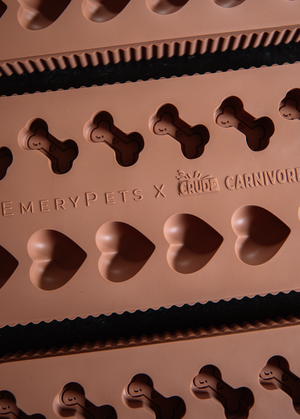 Silicone mold with bone and heart shapes branded 'EmeryPets x Crave Carnivore' on a dark surface.